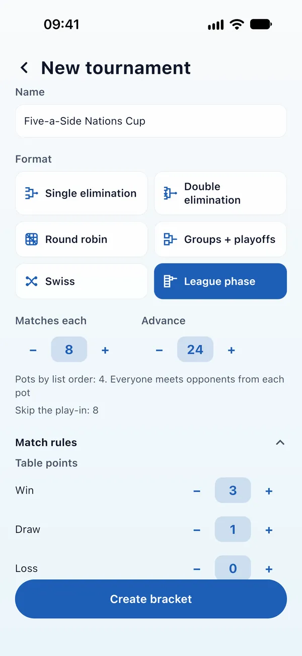 The New tournament screen: the Five-a-Side Nations Cup with League phase picked out of six formats, the matches each team plays, how many advance, and the table points for a win, a draw and a loss.