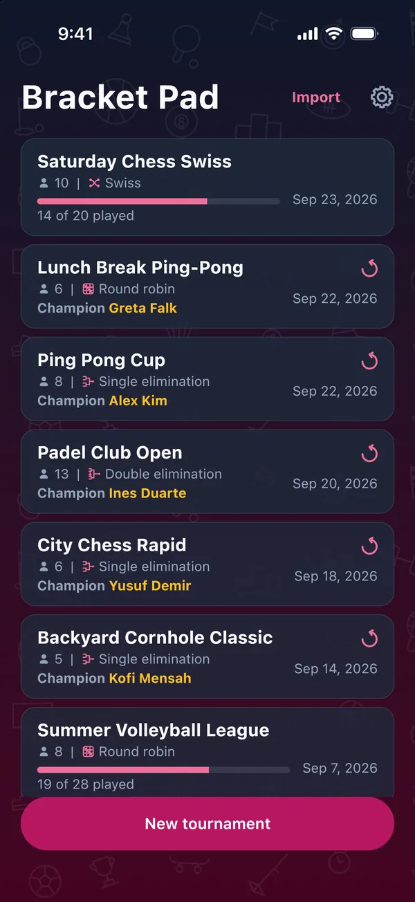 The tournament library in dark mode with a pink main color: saved tournaments, each with its format, player count, date and champion.