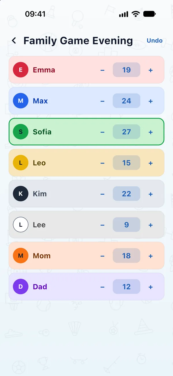 The Family Game Evening score counter: eight players, each in their own color, with minus and plus buttons beside every score and Sofia highlighted as the leader.